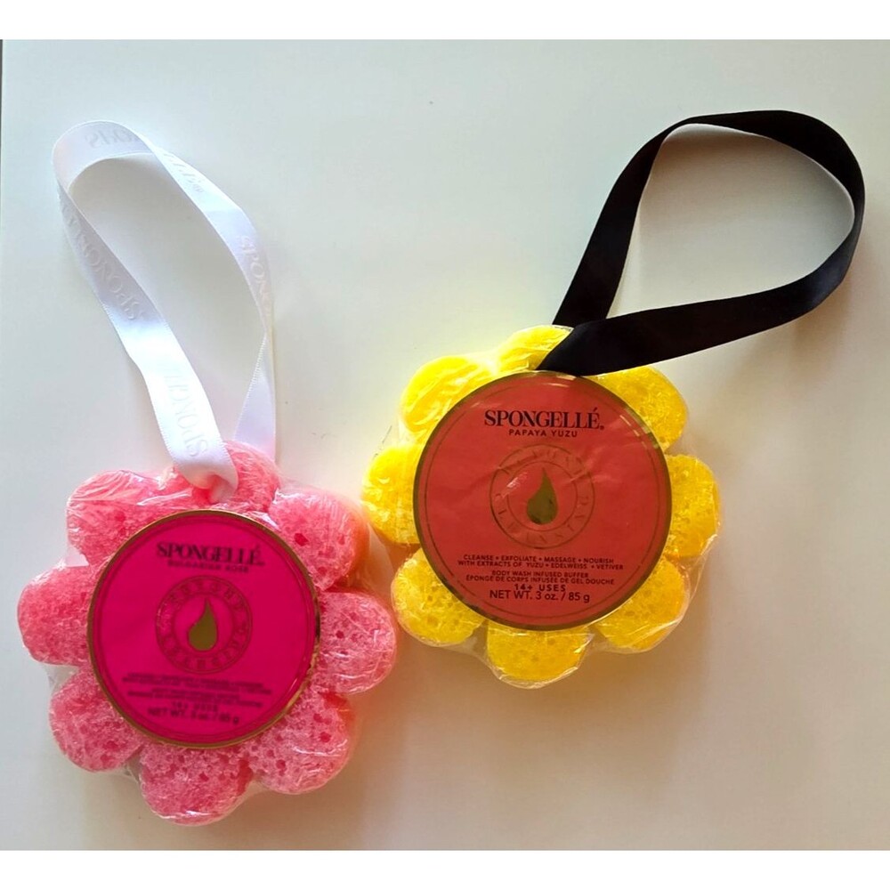 Lot of 2 Flower Spongelle Body Wash Infused Buffers Sponges Loofah Papaya Rose